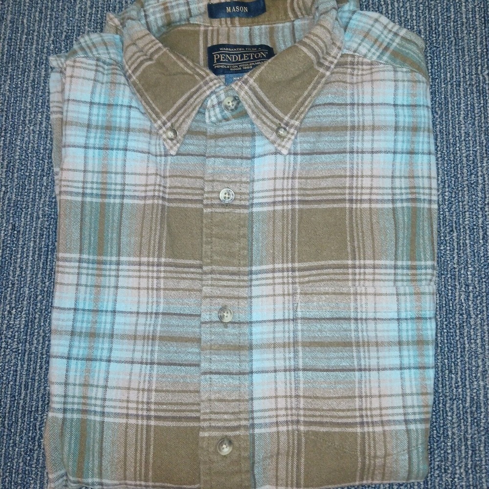 Pendleton Mason Flannel‎ Shirt Mens M Brown Plaid Thick 100% Cotton